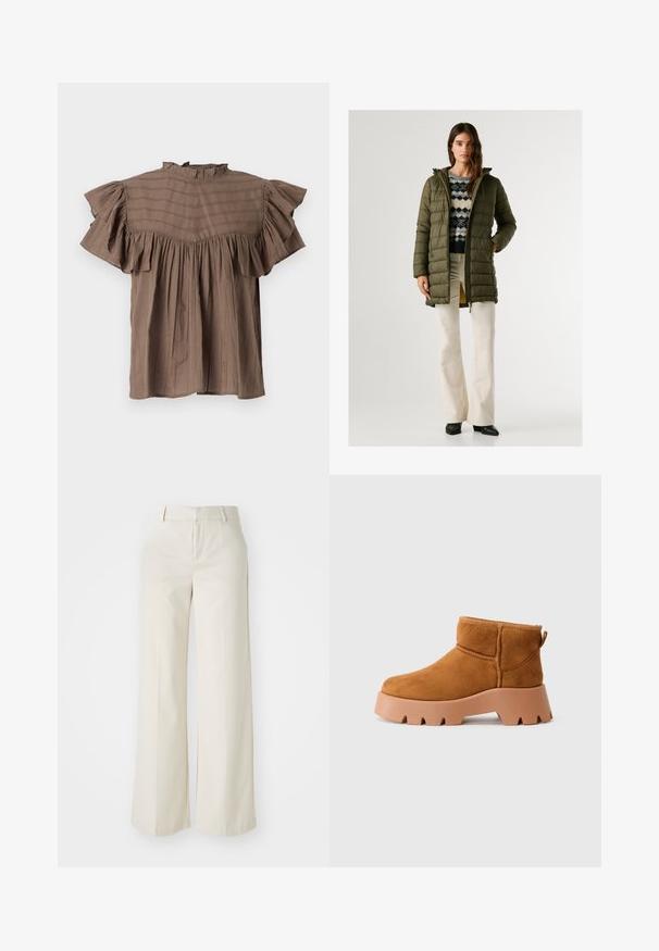Olijfgroene pufferjas met een horizontaal gestikt ontwerp, centrale rits, capuchon en zijzakken, gedragen over een patroontrui en lichte broek.; Bruine blouse met korte mouwen en een gerimpelde halslijn en mouwen. Heeft verticale strepen, een losse pasvorm en geplooide details bij de taille.; Brede broek in een lichte beige kleur, gemaakt van een gladde stof. Kenmerkt zich door een klassieke tailleband en een vlakke voorkant met strakke lijnen.; Tansuède enkellaarsjes met een ronde neus, een getextureerde bruine zool en een trekband. Voorzien van een gestikte naad en een chunky platformontwerp.