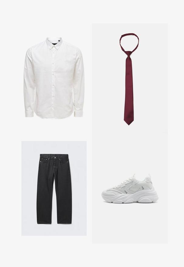 Black leather jacket with a zip front, pointed collar, and zippered pockets. Smooth texture, fitted design, and long sleeves. Pair with dark jeans.; White long-sleeve button-up shirt with a collar, featuring a smooth texture and six front buttons. Tailored fit with cuffed sleeves.; Black denim jeans with a straight-leg cut, featuring a button fly, five pockets, and copper-toned hardware accents. Smooth texture.; White athletic shoes with a textured upper, padded tongue, and chunky sole. Design features include curved lines and small accents on the sides.; Burgundy satin tie with a smooth texture, narrow width, and pointed tip; features a loop for easy wear.