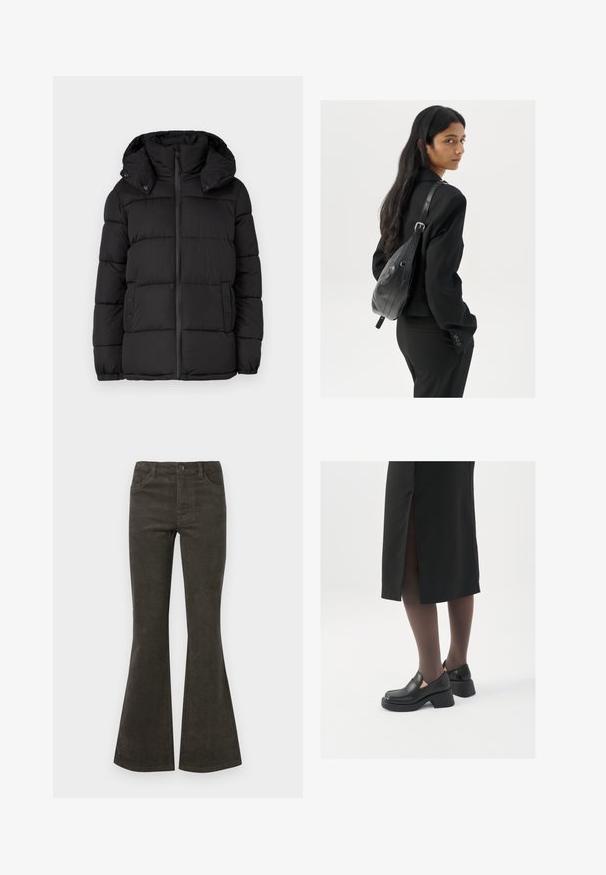 Melna pūkaina jakas ar kapuci, ar horizontāliem quiltētiem paneļiem, priekšējo rāvējslēdzēju un pogu akcentiem sānos.; Melnā ribota garām piedurknēm topi ar apkakles izgriezumu, izgatavots no elastīga auduma, ar pieguļošu siluetu un smalku tekstūru.; Tumšzaļie flared kordūru bikses ar pogas un rāvējslēdzēju aizdari, piecām kabatām un smalku ribotu tekstūru.; Melni ādas apavi ar noapaļotu purngalu, biezām bloku papēžiem un elastīgiem sānu akcentiem, apvienoti ar tumšām zeķubiksēm un melnu svārku ar šķirbu.; Sieviete ar garām tumšām matiem, ģērbusies melnā uzvalkā, nēsā melnu ādas plecu somu un skatās pāri plecam uz balta fona.; Sudraba gredzenveida auskari ar minimālistisku dizainu. Cirkulāra forma, gluda tekstūra un plāns profils. Vieglu svaru ar spīdīgu apdari.