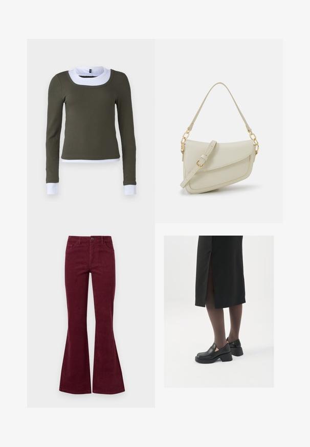 Juodas pūkinis švarkas su kapuce, pasižymintis horizontaliais siuvinėjimais, priekiniais užtrauktukais ir mygtukais šonuose.; Ilgų rankovių viršus alyvuogių žaliai juostos medžiagoje su balta apvalia apykakle ir rankogalių akcentais, turintis prigludusią išvaizdą ir be siūlių konstrukciją.; Burgundiškos aksominės platėjančios džinsai su penkiomis kišenėmis, priekiniais mygtukais ir tekstūruota medžiaga. Platėjimas prasideda nuo kelio iki apvado.; Juodos odinės bateliai su apvaliu nosiu, stora blokine pakulne ir elastingais šonais, derinami su tamsiomis pėdkelnėmis ir juoda sijonu su plyšiu.; Mažas kreminis rankinukas su tekstūruotu paviršiumi, ilga reguliuojama juostele, grandinėle ir užsegimu su atvartu. Aukso detalės.