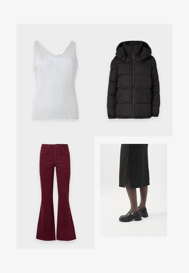 Črna puhasta jakna s kapuco, ki ima horizontalno prešite panele, sprednjo zadrgo in gumbe s pritiskom na straneh.; Srebrna rebrasta majica z V-izrezom in širokimi naramnicami, ki se ponaša z mehkobo in subtilnim leskom. Rob je obdelan z enostavnim obrobljenjem.; Burgundske kordurojske hlače s širokimi hlačnicami, petimi žepi, sprednjim zapiranjem na gumb in teksturirano tkanino. Široke noge se razširijo od kolena do roba.; Črne usnjene čevlje s zaobljenim prstom, debelim blokastim petama in elastičnimi stranskimi detajli, v kombinaciji s temno nogavicami in črno krilo z razporkom.