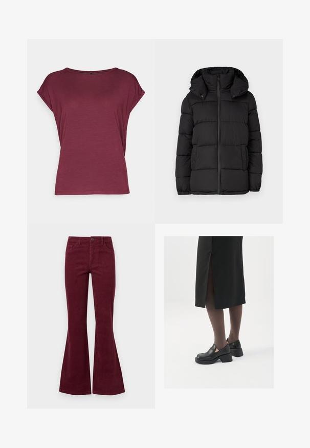 Črna puhasta jakna s kapuco, ki ima horizontalno prešite panele, sprednjo zadrgo in gumbe s pritiskom na straneh.; Vero Moda VMAVA PLAIN - Navadna majica - port royale; Burgundske kordurojske hlače s širokimi hlačnicami, petimi žepi, sprednjim zapiranjem na gumb in teksturirano tkanino. Široke noge se razširijo od kolena do roba.; Črne usnjene čevlje s zaobljenim prstom, debelim blokastim petama in elastičnimi stranskimi detajli, v kombinaciji s temno nogavicami in črno krilo z razporkom.