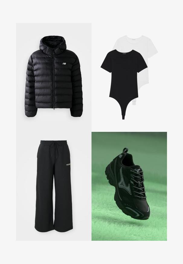 Giacca a vento nera con cappuccio, caratterizzata da una texture trapuntata, chiusura con zip e logo riflettente. Materiale liscio e leggero.; Body aderenti dalla manica corta in bianco e nero con scolli rotondi e fondo a perizoma, realizzati in un tessuto liscio e elastico.; Pantaloni da tuta neri a gamba larga realizzati in tessuto morbido, dotati di cintura elastica con coulisse e di un piccolo logo sul lato sinistro.; Scarpa sportiva nera con superficie testurizzata, dettagli grigi e lacci. Presenta un logo di marca ben visibile e una suola imbottita per il supporto.