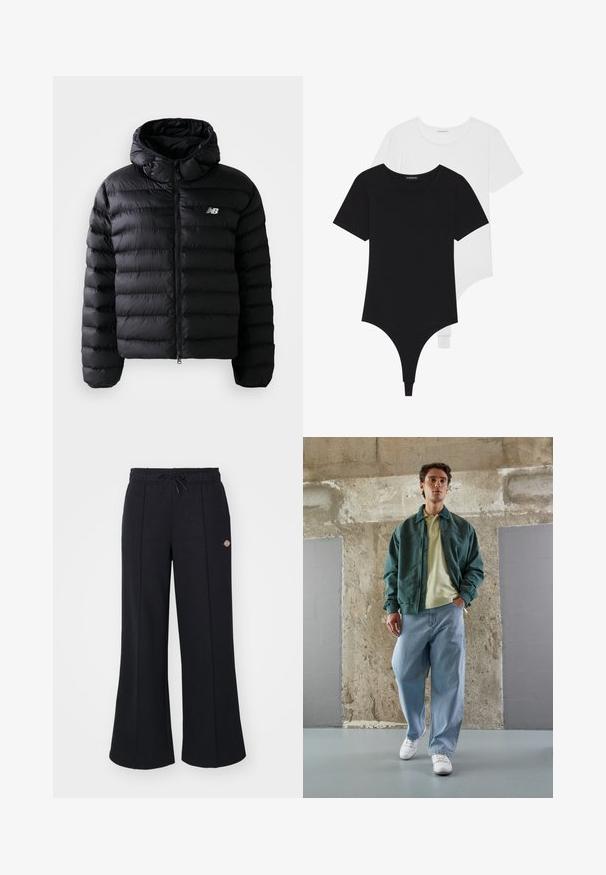 Must must tunk jacket, mille varrukatega, koos quiltitud tekstuuriga, tõmbluku sulgemise ja peegeldava logoga. Sujuv, kerge materjal.; Mustvalged lühikeste varrukatega bodid ümmarguste kaelustega ja stringpüksikestega, valmistatud siledast ja venivast kangast.; Mustad laiad mustad dressipüksid, mis on valmistatud pehmest kangast, featuring joontega randmeosa ja väike logoplaat vasakul ülal.; Roheline bomber jaki kerge kollase polo peal, koos laia sinise teksapükste ja valgete tossudega. Siledad kangad, mugav istuvus, minimaalne riistvara.