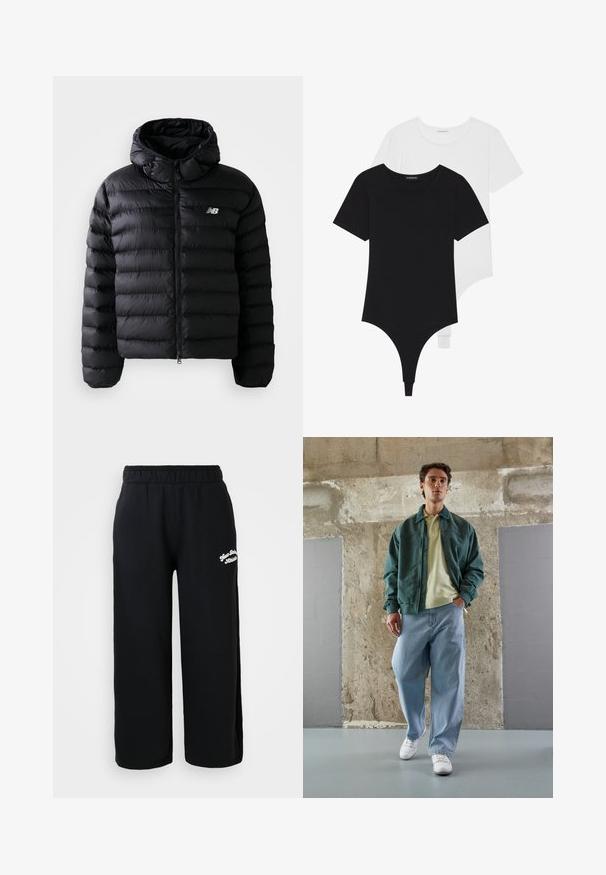 Melna pūkaina jaka ar kapuci, ar kvadrātveida tekstūru, rāvējslēdzēja aizdari un atstarojošu logo. Gluda, viegla materiāla.; Melnbalti īsām piedurknēm bodiji ar apaļu kakla izgriezumu un tanga apakšdaļu, izgatavoti no gludas, elastīgas auduma.; Melni svārki, kas izgatavoti no mīksta kokvilnas, ar elastīgu jostasvietu un īsu piegriezumu. Sānos neliels balts izšūts teksts.; Zaļš bumbers ar gaismas dzeltenu polo, kopā ar brīvām zilo džinsu biksēm un baltām sporta apaviem. Gludi audumi, brīvs piegriezums, minimāls aprīkojums.