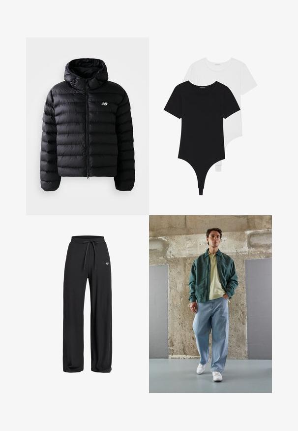 Casaco puffer preto com capuz, apresentando textura acolchoada, fecho com zíper e logótipo refletor. Material suave e leve.; Bodysuits sem mangas em preto e branco com decote redondo e fundo em fio dental, feitos de um tecido liso e elástico.; Calças largas pretas em tecido canelado com cintura elástica e cordão, apresentando um pequeno logótipo na parte da frente. Textura suave.; Casaco bomber verde sobre uma polo amarelo claro, combinado com jeans azuis largos e tênis brancos. Tecidos suaves, ajuste descontraído, hardware minimalista.