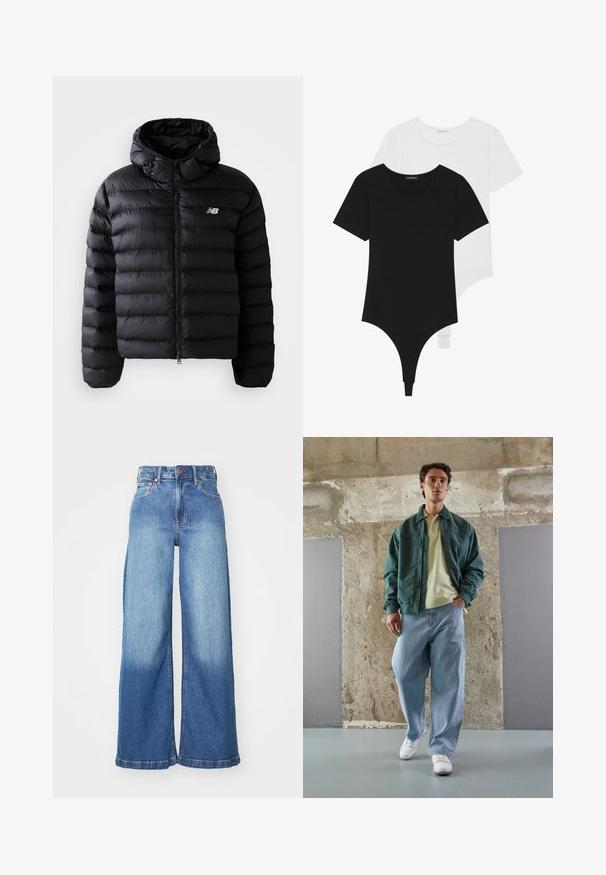 Chaqueta acolchada negra con capucha, con textura acolchada, cierre mediante cremallera y logo reflectante. Material suave y ligero.; Bodysuits cortos de manga corta en blanco y negro con cuellos redondos y parte trasera tipo tanga, fabricados en un tejido suave y elástico.; Pantalones vaqueros de mezclilla azul de tiro alto y pierna ancha con botón frontal, cremallera y diseño clásico de cinco bolsillos.; Chaqueta bomber verde sobre una polo amarillo claro, combinada con jeans azules holgados y zapatillas blancas. Telas suaves, corte relajado, hardware mínimo.