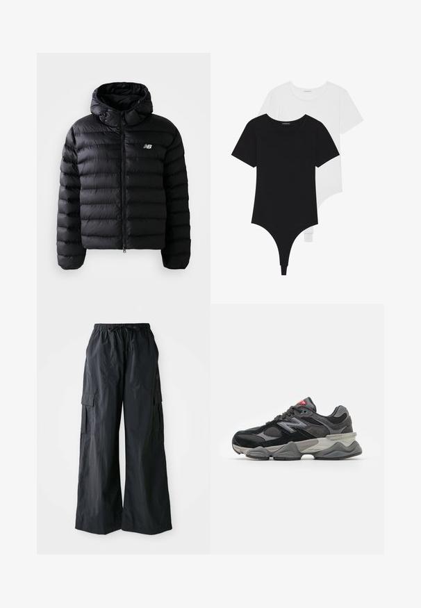 Melna pūkaina jaka ar kapuci, ar kvadrātveida tekstūru, rāvējslēdzēja aizdari un atstarojošu logo. Gluda, viegla materiāla.; Melnbalti īsām piedurknēm bodiji ar apaļu kakla izgriezumu un tanga apakšdaļu, izgatavoti no gludas, elastīgas auduma.; Melnas kravas bikses, kas izgatavotas no viegla auduma, ar platām kājām, elastīgu jostu un vairākām sānu kabatām. Vienkāršas un funkcionālas.; Melna un pelēka sporta apavi ar suede un sieta materiālu kombināciju, bieza zole, izteikts logs un sarkana akcents uz mēles.