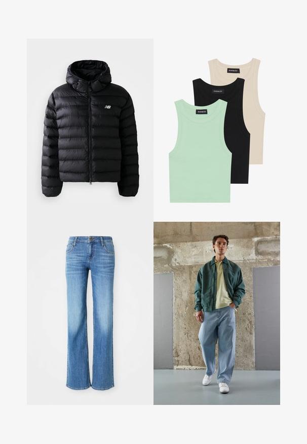 Chaqueta acolchada negra con capucha, con textura acolchada, cierre mediante cremallera y logo reflectante. Material suave y ligero.; Tres camisetas sin mangas en verde menta, negro y beige; hechas de tela acanalada con un escote redondo. Etiqueta de la marca visible.; Jeans de mezclilla azul claro, con un corte recto, cinco bolsillos y un cierre clásico de botón con una etiqueta de marca en la cinturilla.; Chaqueta bomber verde sobre una polo amarillo claro, combinada con jeans azules holgados y zapatillas blancas. Telas suaves, corte relajado, hardware mínimo.
