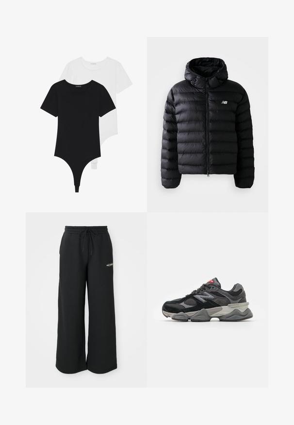 Mustapuffer takki hupulla, jossa on tikattu pinta, vetoketjukiinnitys ja heijastava logo. Silkkinen, kevyt materiaali.; Mustat ja valkoiset lyhythihaiset bodysuitit, joissa on pyöreä pääntie ja thong-tyyliset alaosat, valmistettu sileästä, joustavasta kankaasta.; Mustat leveät collegehousut, jotka on valmistettu pehmeästä kankaasta. Niissä on elastinen vyötärö, jossa on naru, sekä pieni logo vasemmalla puolella.; Mustat ja harmaat lenkkarit, joissa on yhdistelmä mokkaa ja verkkomateriaaleja, paksu pohja, hallitseva logo ja punaisia yksityiskohtia kielekkeessä.