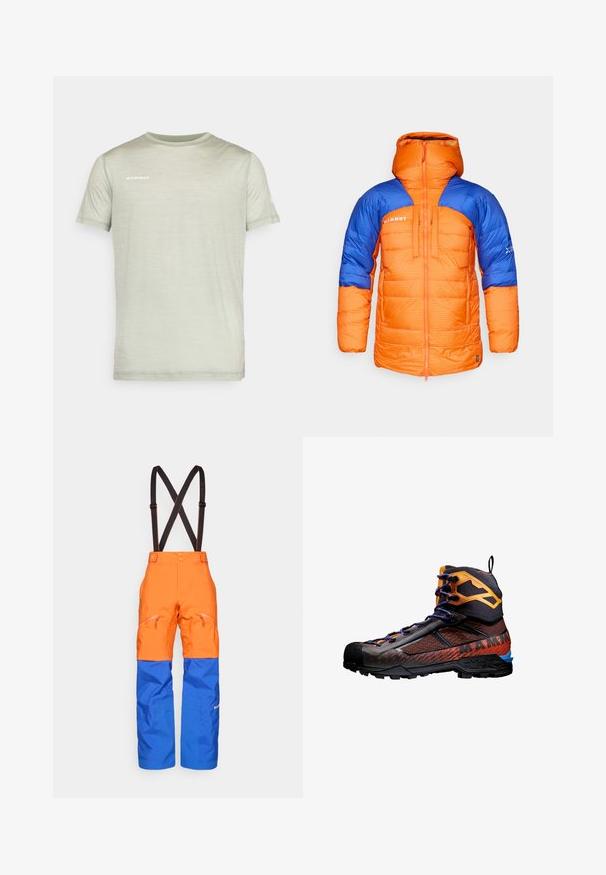 Gevoerde jas met oranje en blauwe panelen, voorzien van een hoge kraag, een ruitpatroon en een ritssluiting aan de voorkant. Opvallend merkembleem op de borst.; Lichtgroene t-shirt met korte mouwen van zachte stof. Heeft een ronde hals en het "MAMMUT" logo in het wit gedrukt op de borst.; Oranje en blauwe waterdichte broeken met zwarte verstelbare bretels, voorzakken met rits en verstevigde knieën voor buitenactiviteiten.; Zwarte en oranje wandelboot van mesh en rubber materialen. Beschikt over blauwe accenten, textuurpatronen en een hoge enkelontwerp voor ondersteuning.