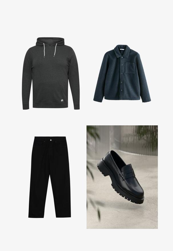 Tmavě modrá fleecová bunda s límečkem, zapínáním na knoflíky a jednou náprsní kapsou. Měkká textura, uvolněný střih.; Tmavě šedá mikina s kapucí vyrobená z měkké smíchané tkaniny. Má přední kapsu, nastavitelné šňůrky a žebrované manžety a lem.; Černé džíny s rovně střiženými nohavicemi, designem pěti kapes a předním zapínáním na knoflík. Hladký povrch s minimem švových detailů.; Černé kožené mokasíny s robustní podrážkou, s ozdobným páskem a detailem prošívání. Hladký povrch s lesklým finišem.