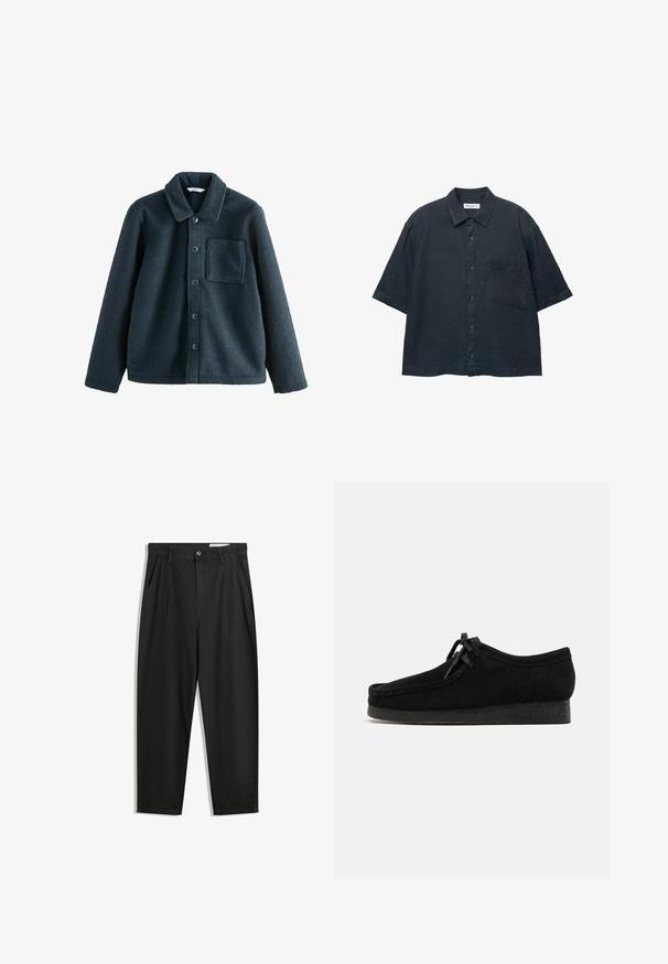 Tmavě modrá fleecová bunda s límečkem, zapínáním na knoflíky a jednou náprsní kapsou. Měkká textura, uvolněný střih.; Tmavě modrá košile s krátkým rukávem na knoflíky vyrobená z lehkého materiálu, s náprsní kapsou a klasickým designem límce.; Černé bavlněné kalhoty s uvolněným střihem, klasickým pasem, předními záhyby a bočními kapsami. Hladká textura bez vzorů.; Černé semišové boty s kulatou špičkou, šněrováním vpředu a strukturovanou černou gumovou podrážkou. Hladký svršek s jemným prošíváním.