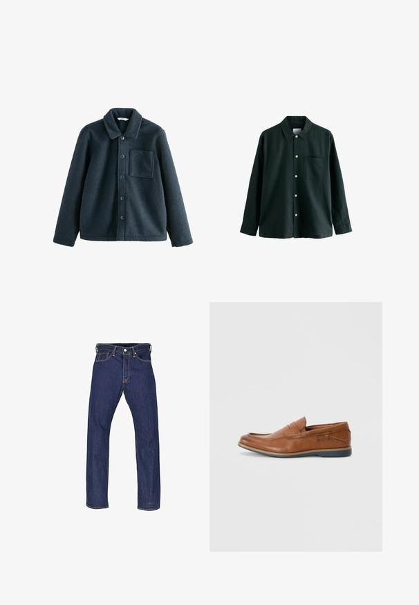 Tumši zils flīsa žakets ar apkakles dekoltē, pogu aizdari un vienu krūšu kabatu. Mīksta tekstūra, brīva piegriezuma.; Tumši zaļš krekls ar apkakli, garām piedurknēm un vienu krūšu kabatu; ir baltas pogas un maiga tekstūra.; Tumši zili džinsi ar taisnu kāju piegriezumu, pieci kabatas un kontrasta šuvēm. Iespējas ar pogu uzdabināmu jostu un metāla kniedēm.; Brūnas ādas loafers ar apaļu purngalu, ar šuvēm un zemu gumijas zoli. Dizainā ir josla pāri augšējai daļai.