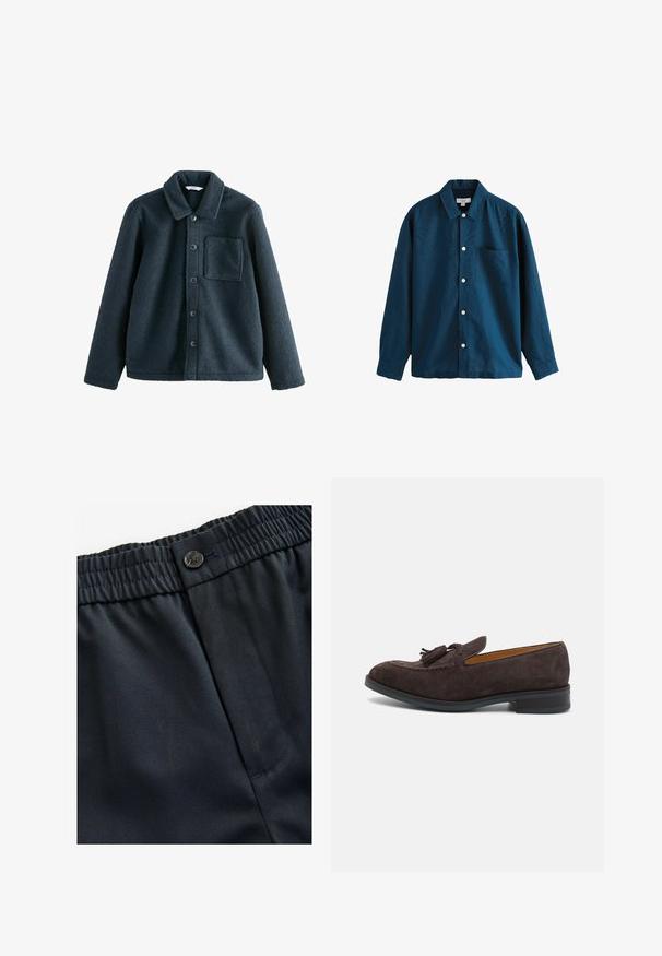 Chaqueta de forro polar azul oscuro con cuello tipo solapa, cierre de botones y un bolsillo en el pecho. Textura suave, corte relajado.; Camisa de botones de manga larga azul con collar clásico, un bolsillo en el pecho y botones blancos. Textura suave con un ligero brillo.; Tejido ligero en color azul marino con una textura suave. Presenta una cintura elástica con cierre de botón y un bolsillo lateral.; Paul Smith LAWSON - Zapatos sin cordones - brown