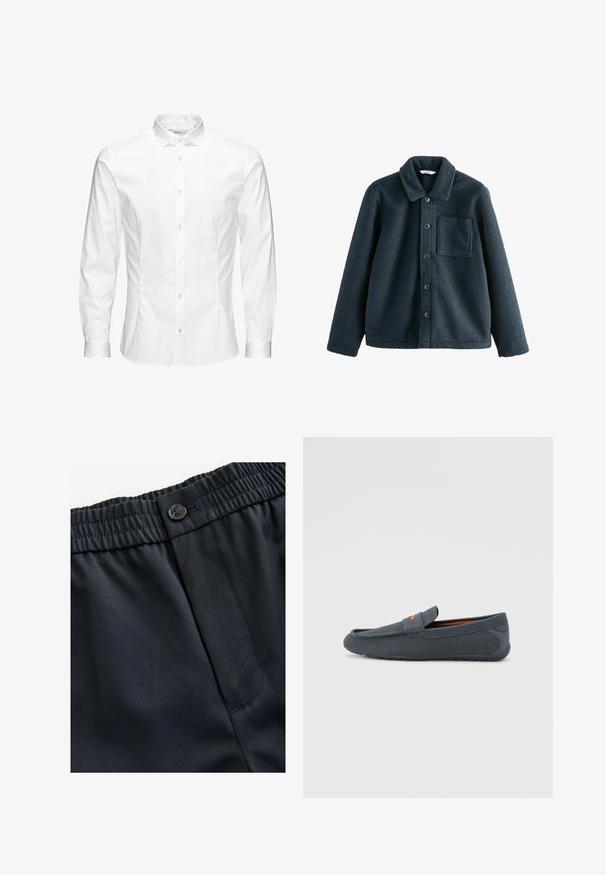 Tmavomodrá fleecová bunda s golierom, zapínaním na gombíky a jednou náprsní taškou. Mäkka textúra, voľný strih.; Biela košeľa s dlhým rukávom a zapínaním na gombíky, vyrobená z hladkého materiálu. Má klasický golier, predné gombíky a manžety na jeden gombík. Slim fit strih.; Námornícka modrá, ľahký materiál s hladkou štruktúrou. Obsahuje elastický pás so zapínaním na gombík a jednu bočnú vrecko.; Šedé perforované mokasíny s nazúvací konštrukciou, so zářivým oranžovým akcentom, zaoblenou špičkou a textúrovanou gumovou podrážkou.
