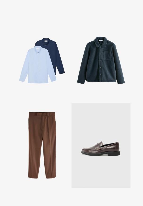 Sötétkék polárdzseki, galléros nyakkal, gombos zárással és egyetlen mellzsebbel. Puha tapintású, laza szabású.; Két hosszúujjú ing: az egyik világoskék, a másik sötétkék. Mindkettő gombos záródással, hegyes gallérral és sima textúrájú anyaggal rendelkezik.; Barna, testhezálló nadrág sima textúrával, egyenes szárú kivitelben, övhurkokkal és egy elülső gyűrött résszel. Nincsenek látható zsebek vagy díszítések.; Barna bőr loaferek sima felülettel, finoman varrott részletekkel a felső részen és fekete gumitalppal.