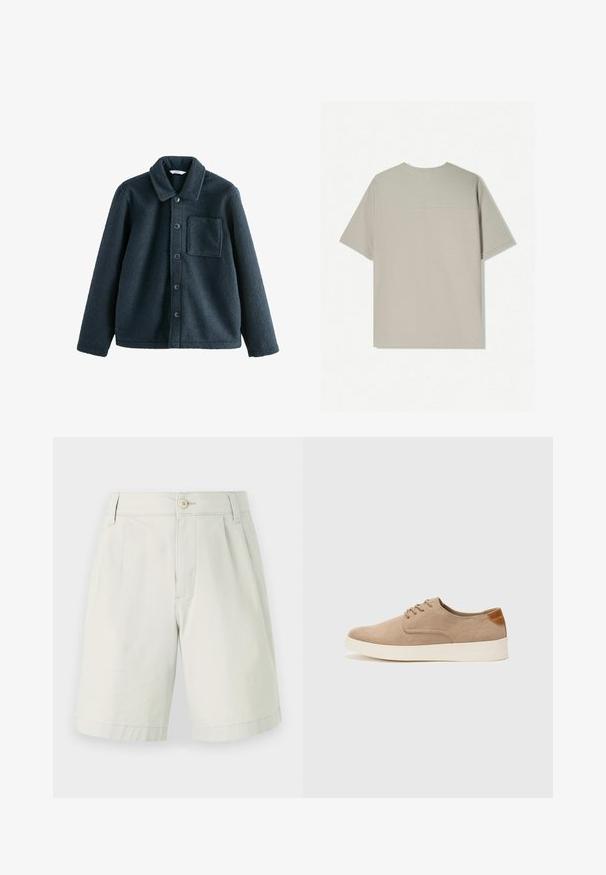Ciemnoniebieska bluza polarowa z kołnierzykiem, zapięciem na guziki oraz jedną kieszenią na piersi. Miękka w dotyku, luźny krój.; Beżowa bawełniana koszulka z krótkimi rękawami. Posiada prosty wzór i okrągły dekolt. Gładka tekstura z minimalnym przeszyciem z tyłu.; Jasnoszare bawełniane szorty z płaskim przodem, zapięciem na guzik, dwoma bocznymi kieszeniami oraz prostym krojem nogawek. Gładka tekstura, do kolan.; Beżowe zamszowe sneakersy z okrągłym noskiem, sznurowanym przodem i teksturowanym akcentem na tyle. Biała gumowa podeszwa tworzy kontrast. Prosty i nowoczesny design.