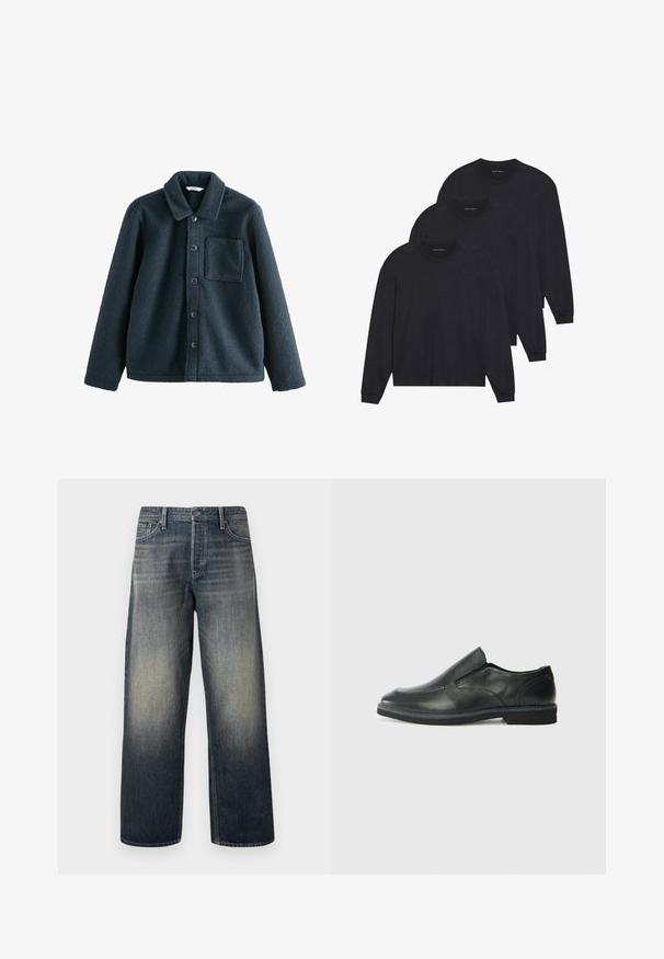 Jachetă din fleece de culoare bleu închis, cu guler, închidere cu buton și un singur buzunar pe piept. Textură moale, croială confortabilă.; Trei cămăși negre cu mânecă lungă, dintr-un material moale, având guler rotund și manșete ajustate. Design minimalist fără niciun model vizibil.; Jeans cu picioare largi din denim albastru închis, cu un finisaj gradient, având un sistem de închidere cu nasturi, design cu cinci buzunare și detalii de cusătură structurate.; Pantof de piele neagră, tip slip-on, cu un superior neted, accente cusute, vârf rotunjit și un toc jos din cauciuc. Talpa are un profil minim de aderență.