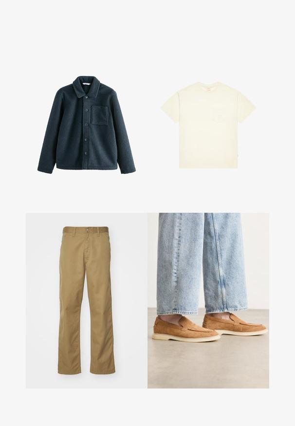 Tummansininen fleece-takki, jossa on kauluspanta, napitus edessä ja yksi rintatasku. Pehmeä rakenne, rento istuvuus.; Kreemivärviline puuvillane T-särk lühikeste varrukatega, ümar kaelus ja rinnatasku, millel on peen logo. Sile tekstuur ja mugav lõige.; Khaki chinot, joissa on suora lahje ja jotka on valmistettu sileästä puuvillakankaasta. Ominaisuuksiin kuuluu edessä nappisuljenta ja sivutaskut.; Ruske mokasine iz sued kože sa niskim profilom, kremastom potplatom i detaljima šivanja, uparenim sa svijetloplavim trapericama.