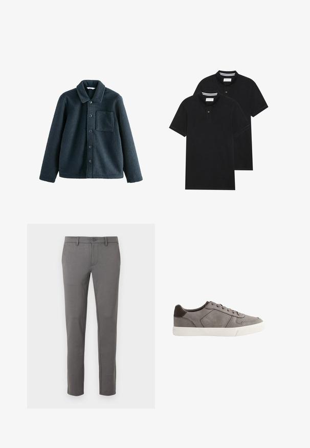 Donkerblauwe fleecejack met een kraag, knoopsluiting en een enkele borstzak. Zachte textuur, ontspannen pasvorm.; Twee zwarte polo shirts, met korte mouwen, van katoen, met een klassieke kraag, een knoopsluiting met twee knopen en witte gestreepte accenten aan de binnenkant van de kraag.; Grijze op maat gemaakte chino's met een slim fit, een soepele katoenmix stof, een voorste knoopsluiting en subtiele stikseldetails.; Grijze suède sneaker met een witte rubberen zool. Heeft een ronde neus, zes oogjes voor veters en een minimalistisch ontwerp zonder zichtbare logo's.