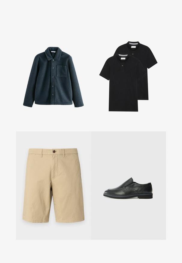 Donkerblauwe fleecejack met een kraag, knoopsluiting en een enkele borstzak. Zachte textuur, ontspannen pasvorm.; Twee zwarte polo shirts, met korte mouwen, van katoen, met een klassieke kraag, een knoopsluiting met twee knopen en witte gestreepte accenten aan de binnenkant van de kraag.; GAP VINTAGE - Shorts - khaki; Zwarte leren instapper met een soepele bovenkant, gestikte accenten, ronde neus en een lage rubberen hak. De zool heeft minimale profiel.