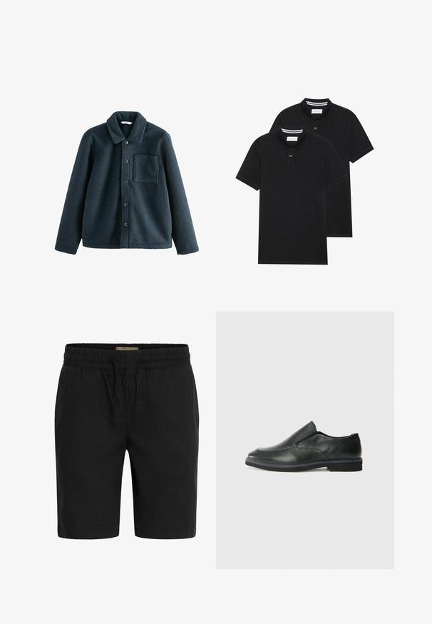 Donkerblauwe fleecejack met een kraag, knoopsluiting en een enkele borstzak. Zachte textuur, ontspannen pasvorm.; Twee zwarte polo shirts, met korte mouwen, van katoen, met een klassieke kraag, een knoopsluiting met twee knopen en witte gestreepte accenten aan de binnenkant van de kraag.; Zwarte shorts van een lichtgewicht stof, met een elastische tailleband met een trekkoord en zijzakken voor extra gemak.; Zwarte leren instapper met een soepele bovenkant, gestikte accenten, ronde neus en een lage rubberen hak. De zool heeft minimale profiel.