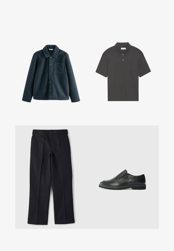 Tumši zils flīsa žakets ar apkakles dekoltē, pogu aizdari un vienu krūšu kabatu. Mīksta tekstūra, brīva piegriezuma.; Tumši pelēks polo krekls ar tradicionālo apkakli, trīs pogu aizdari, īsām piedurknēm un kreisajā krūtī esošu kabatu. Gluda auduma tekstūra.; Melnas bikses, izgatavotas no izturīga auduma, ar taisna griezuma dizainu, jostu ar jostu cilpiņām un bez redzamām kabatām vai rotājumiem.; Melnas ādas slip-on kurpes ar gludu augšdaļu, izšūtām akcentiem, noapaļotu purngala daļu un zemu gumijas papēdi. Zole ar minimālu rakstu.