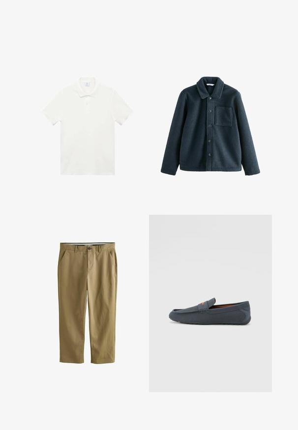 Ciemnoniebieska bluza polarowa z kołnierzykiem, zapięciem na guziki oraz jedną kieszenią na piersi. Miękka w dotyku, luźny krój.; Biała koszulka polo wykonana z gładkiego materiału bawełnianego, z klasycznym kołnierzykiem, zapięciem na trzy guziki i krótkimi rękawami. Bez wzorów ani akcentów.; Khaki chinos wykonane z mieszanki bawełny, z dwiema kieszeniami bocznymi, zapięciem na guzik, prostymi nogawkami i gładką teksturą.; Szare, perforowane mokasyny o konstrukcji typu slip-on, z pomarańczowym akcentem, zaokrąglonym noskiem i teksturowaną gumową podeszwą.