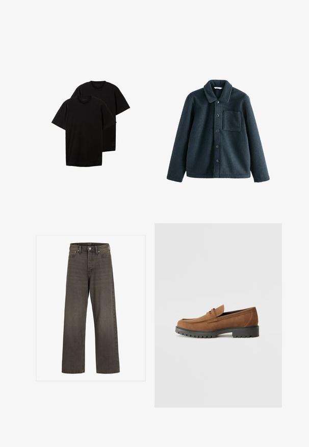 Sötétkék polárdzseki, galléros nyakkal, gombos zárással és egyetlen mellzsebbel. Puha tapintású, laza szabású.; Fekete pamut pólók, kerek nyakkivágással, rövid ujjakkal, laza fit, kis logóval az alsó bal oldalon, két darabos szettben kapható.; Széles lábú farmernadrág sötétszürke denimből, magas derékkal, klasszikus öt zsebes kialakítással és kontrasztos varrással az illesztések mentén.; Barna velúr mokaszin, lekerekített orral és alacsony fekete gumitalppal, díszes pánttal és varrott részletekkel a felsőrészen.