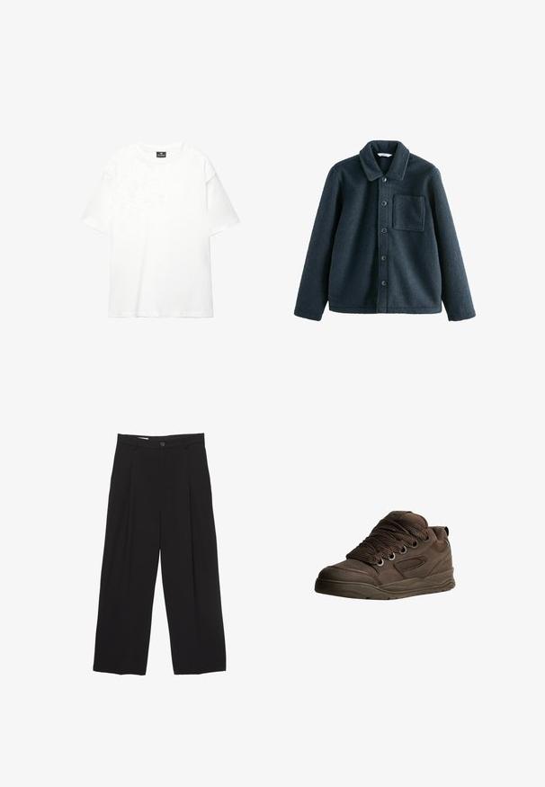 Donkerblauwe fleecejack met een kraag, knoopsluiting en een enkele borstzak. Zachte textuur, ontspannen pasvorm.; Witte oversized t-shirt gemaakt van zacht, soepel katoen; heeft korte mouwen, een ronde halslijn en een schoon, onversierd ontwerp.; Zwarte wijde broek gemaakt van gladde stof, met een platte tailleband, voorplooien en een enkele knoopsluiting.; Bruine sportieve schoenen gemaakt van glad synthetisch materiaal. Bevat dikke veters, mesh-accenten, een gevoerde kraag en een gestructureerde rubberen zool.