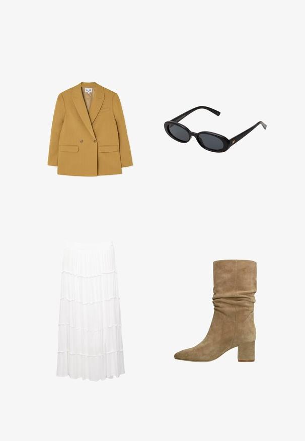 Blazer giallo doppiopetto con rever a punta, due tasche frontali e bottoni marroni, caratterizzato da una silhouette strutturata e una texture liscia.; Camicia a maniche lunghe rosa chiaro con righe verticali bianche e cravatta abbinata. Tessuto liscio, colletto a camicia e maniche con polsini.; Gonna bianca a strati realizzata in tessuto leggero, con una cintura elastica, strati arricciati e un design fluido che arriva fino a metà polpaccio.; Stivale alla caviglia in suede color taupe con un design morbido, punta affusolata e tacco a blocco. Texture liscia con dettagli delle cuciture lungo i lati.; Occhiali da sole neri oversize con lenti ovali, montatura in plastica liscia e accenti dorati sulle tempie. Le lenti scure offrono protezione dal sole.; Borsa a spalla in pelle blu scuro con tracolla rimovibile, chiusure in argento e discreto dettaglio del logo verticale al centro anteriore.