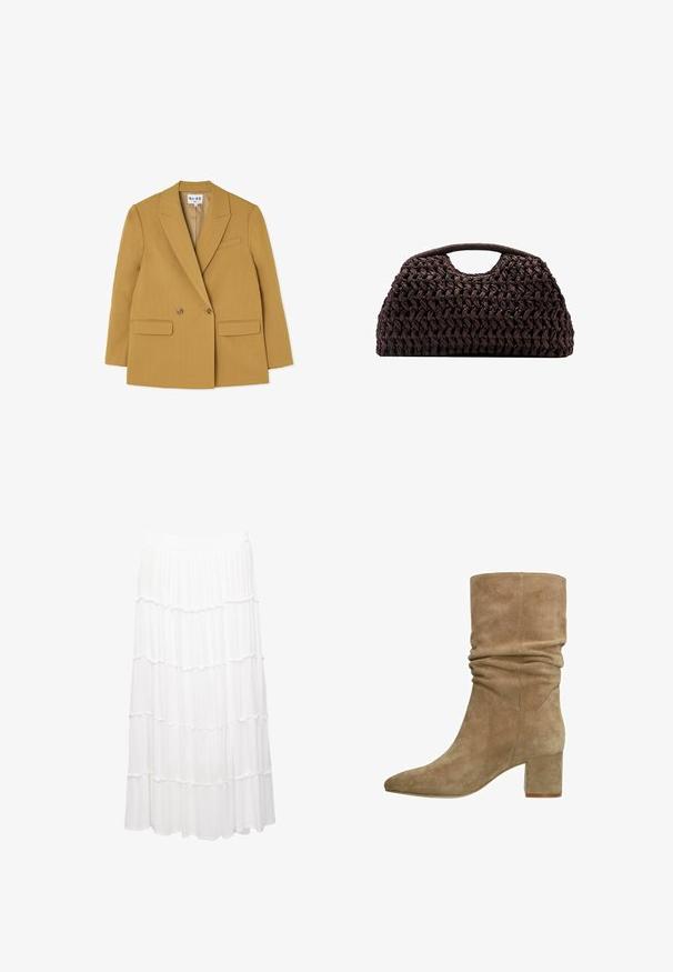 Double-breasted yellow blazer with notched lapels, two front pockets, and brown buttons, featuring a structured silhouette and smooth texture.; White short-sleeve t-shirt made of cotton. Features a crew neckline and a relaxed fit. Smooth texture with no visible patterns or accents.; White tiered skirt made of lightweight fabric, featuring a stretchy waistband, ruffled layers, and a flowing design that extends to mid-calf.; Taupe suede ankle boot with a slouchy design, pointed toe, and a block heel. Smooth texture with seam detailing along the sides.; Woven brown handbag with a rounded silhouette, featuring a top handle and textured surface. Compact design with a flat base for stability.