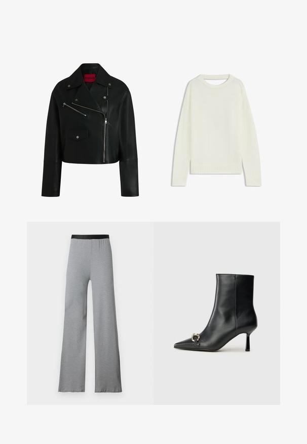 Zwarte leren cropped bikerjack met een gekartelde kraag, ritszakken en zilveren hardwaredetails. Bevat een rood logo label aan de binnenkant.; Lichtcreme trui met een ronde hals, lange mouwen, geribbelde zoom en een zachte textuur. Geen patronen of zichtbare hardwaredetails.; Zwart-wit gestreepte flared broek met een soepel elastische tailleband. Lichtgewicht stof, met een horizontaal patroon over de gehele lengte.; Zwarte leren enkelboot met spitse neus, slanke middenhoge hak en zilveren gespdetail aan de zijkant op een effen achtergrond.