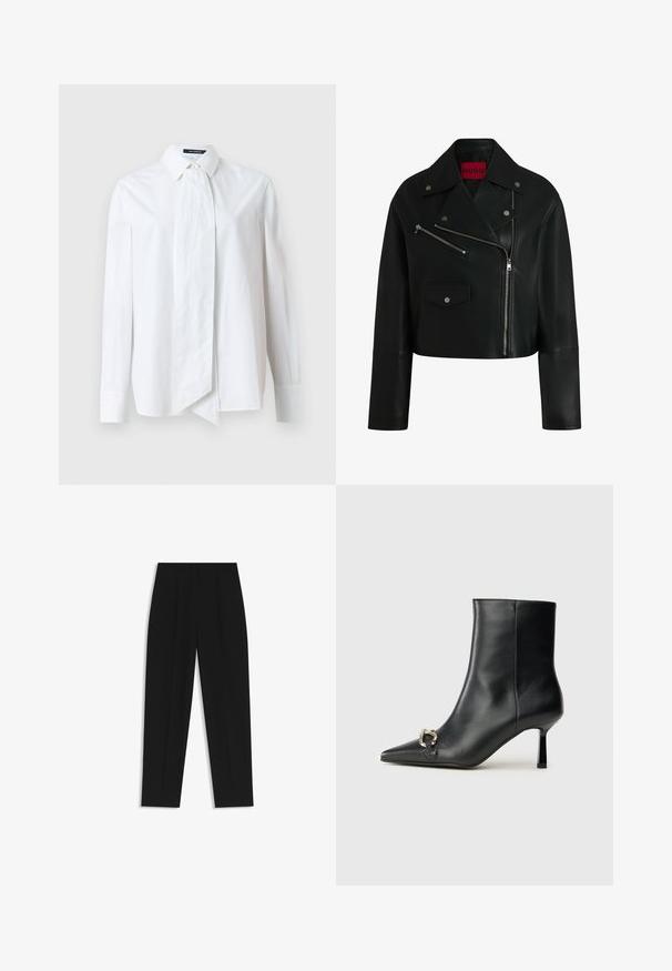 Black leather cropped biker jacket with a notched collar, zippered pockets, and silver hardware detailing. Features a red logo label inside.; White button-up shirt with long sleeves, featuring a large bow at the collar, made from smooth fabric with a crisp texture.; Black trousers with a straight fit, featuring double pleats, a smooth texture, and a classic waistband design. No visible hardware or accents.; Black leather ankle boot with pointed toe, slim mid-height heel, and silver buckle detail on side against plain background.