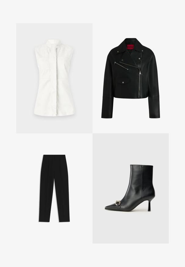 Zwarte leren cropped bikerjack met een gekartelde kraag, ritszakken en zilveren hardwaredetails. Bevat een rood logo label aan de binnenkant.; Witte mouwloze shirt met een hoge kraag, met een subtiele spiraalpatroon en een voorste placket. Glad textuur, getailleerde pasvorm en geen zichtbare hardware.; Zwarte broeken met een rechte pasvorm, voorzien van dubbele plooien, een zachte textuur en een klassiek taillebandontwerp. Geen zichtbare hardware of accenten.; Zwarte leren enkelboot met spitse neus, slanke middenhoge hak en zilveren gespdetail aan de zijkant op een effen achtergrond.