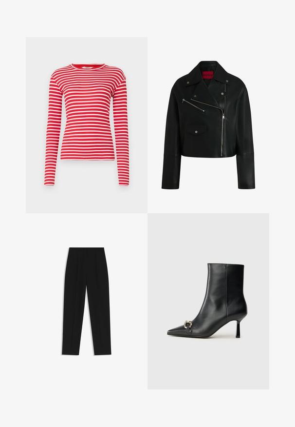Black leather cropped biker jacket with a notched collar, zippered pockets, and silver hardware detailing. Features a red logo label inside.; Red and white striped long-sleeve shirt, made of ribbed fabric, featuring a round neckline and fitted design. Pattern is horizontal stripes.; Black trousers with a straight fit, featuring double pleats, a smooth texture, and a classic waistband design. No visible hardware or accents.; Black leather ankle boot with pointed toe, slim mid-height heel, and silver buckle detail on side against plain background.
