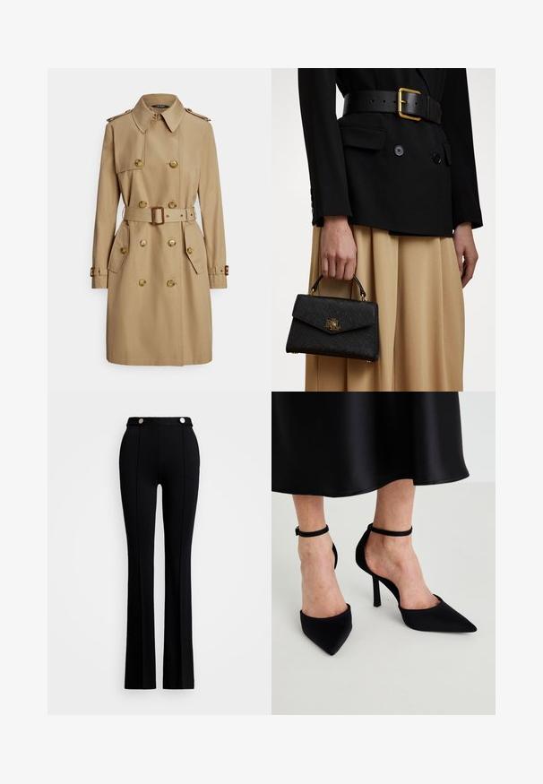 Beige trenchcoat med dubbelknäppt design, guldfärgade knappar, axelklaffar, midjebälte och sidofickor. Slät, robust tyg.; Halsdukströja i ljus beige, tillverkad av ett mjukt, slätt material. Har lång ärm och en figurnära silhuett med ribbad nederkant.; Svarta utsvängda byxor i stretchmaterial, med hög midja, två framfickor och silverknappdetaljer i midjan.; Svarta spetsiga klackar gjorda av slätt tyg med spettskinn och ett smalt ankelsnöre, med en öppen sidsdesign.; Svart strukturerad handväska med texturerad yta, guldfärgad hårdvara och ett handtag på toppen. Bärs med en svart blazer och en beige kjol.