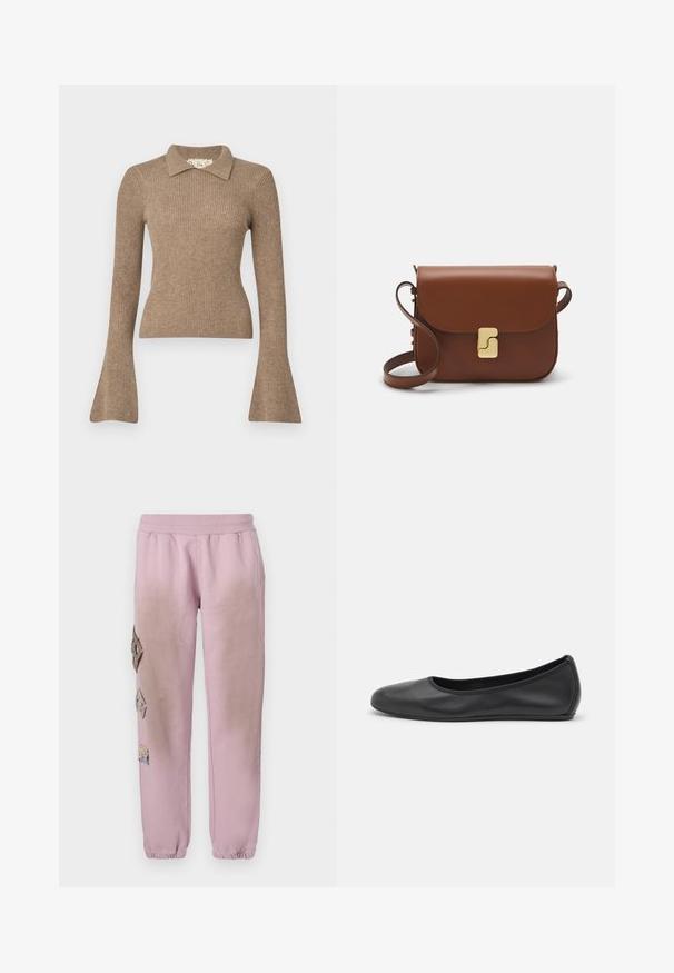 Beige trenchcoat met dubbele rij knopen, goudkleurige knopen, epauletten, tailleceintuur en zijzakken. Gladde, stevige stof.; DESIGNERS REMIX CARMEN COLLAR - Trui - camel; Roze sweatpants met een elastische tailleband, voorzien van decoratieve patches in ruitvorm aan de linkerkant en elastische boorden bij de enkel.; Zwarte leren ballerina met een ronde neus, gladde textuur, minimale stikdetails en een flexibele zoolontwerp.; Bruine leren handtas met een klep sluiting, gouden hardware, een schouderband en een gladde textuur. Compact rechthoekige vorm.