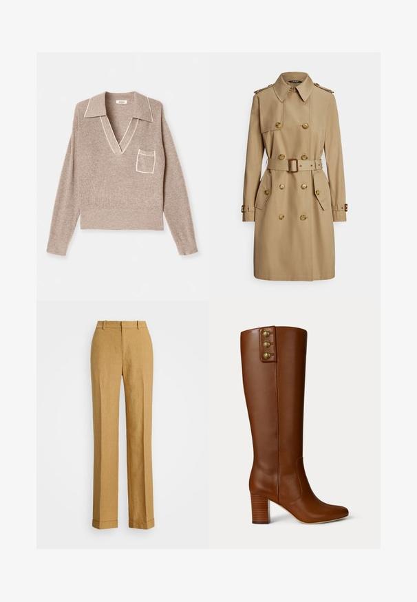 Beige kaksirivinen trenssitakki, jossa kultaisen sävyiset napit, olkatoppaukset, vyötärönauha ja sivutaskut. Sileä, kestävä kangas.; Vaaleanbeige neulepusero, jossa on kaulus, V-pääntie, pitkät hihat ja rintatasku. Sisältää kontrastivalkoista reunoja kauluksessa ja taskin reunassa.; Polo Ralph Lauren YARD LINEN FULL FLAT FRONT - Housut - sand dune; Ruskotuiset korkeat ruskeat nahkasaappaat neliönuolella ja kasattulla korolla. Yläosassa on kolme kultasävyistä nappia yksityiskohtana.