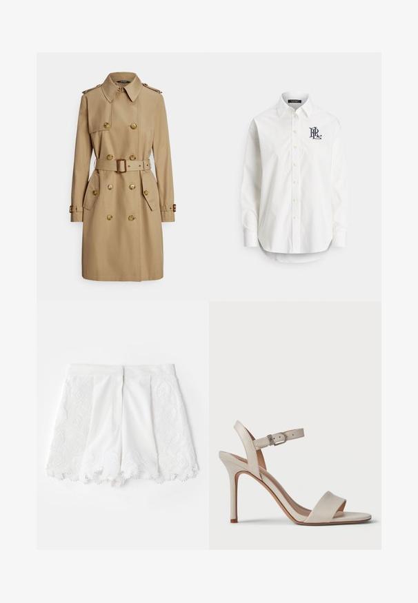 Trench-coat beige avec une coupe croisée, boutons dorés, épaulettes, taille ceinturée et poches latérales. Tissu lisse et robuste.; Chemise blanche en coton à boutons avec manches longues, col pointu, et un logo marine brodé sur la poitrine gauche. Ourlet arrondi en bas.; Shorts blancs avec un design brodé texturé sur les côtés et un ourlet festonné. Tissu lisse avec des accents de perles décoratives.; Sandale à talons hauts beige avec une finition en cuir lisse, bout ouvert, large bride avant et une bride de cheville réglable avec une boucle en métal.