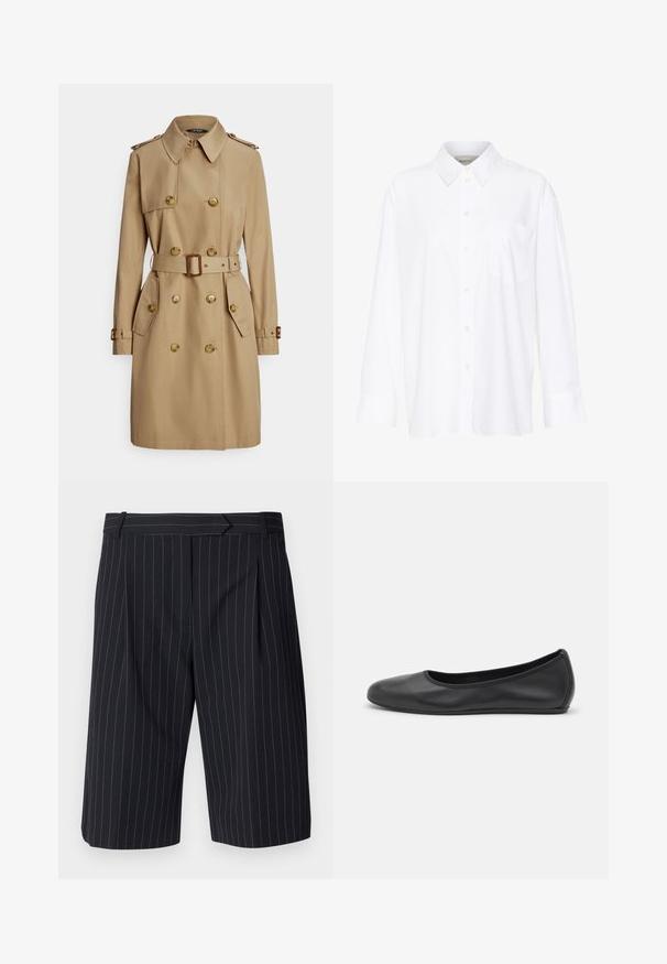 Beiger Trenchcoat mit doppelseitigem Design, goldfarbenen Knöpfen, Schulterklappen, tailliertem Gürtel und Seitentaschen. Glatter, strapazierfähiger Stoff.; Weißes Langarmhemd mit Kragen aus Baumwolle. Verfügt über eine durchgehende Knopfleiste und eine Brusttasche. Glatte Textur, lockere Passform.; Schwarze Shorts mit Nadelstreifen und taillierter Passform, mit flachem Bund, Falten und glatter Textur. Gürtelschlaufen enthalten.; Schwarze Leder-Ballettschuhe mit abgerundeter Spitze, glatter Textur, minimalen Nähdetails und einem flexiblen Sohlen-Design.