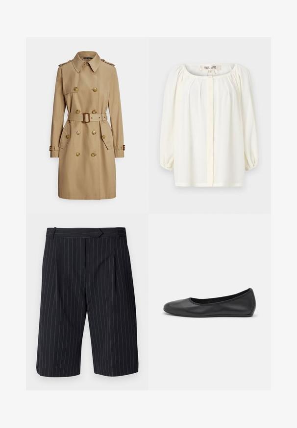 Beežist värvi trentsmantel kahe rea nööpidega, kuldse tooniga nööpide, epaulettide, vöökohaga ja küljetaskutega. Sile ja vastupidav kangas.; Valge pluus, millel on ümmargune kaelus, volditud esiosa ja kolmandiku pikkusega puhvvarrukad. Valmistatud kerge materjali ja pehme tekstuuriga.; Mustris musta lühikesed püksid, millel on kohandatud lõige, lamedad eest, voldid ja sile tekstuur. Sisaldab vöölooppe.; Musthave mustika tantsutossud mustast nahast, ümmarguse varbaga, siledast tekstuurist, minimaalse õmblusdetailiga ja paindliku tallakujundusega.