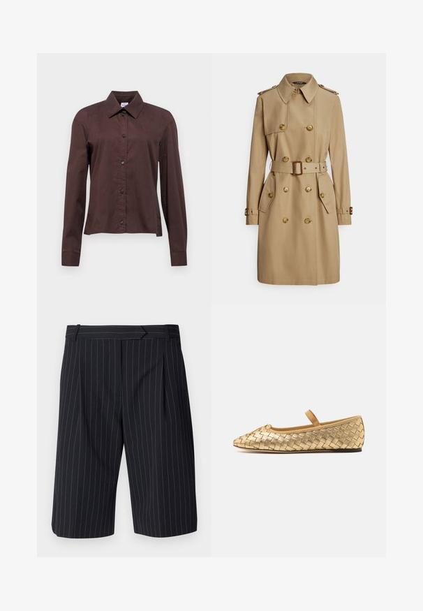 Beiger Trenchcoat mit doppelseitigem Design, goldfarbenen Knöpfen, Schulterklappen, tailliertem Gürtel und Seitentaschen. Glatter, strapazierfähiger Stoff.; Dunkelbraunes Hemd mit langen Ärmeln, spitzem Kragen und schwarzen Knöpfen. Hergestellt aus einem glatten Textil mit einem einfarbigen Muster.; Schwarze Shorts mit Nadelstreifen und taillierter Passform, mit flachem Bund, Falten und glatter Textur. Gürtelschlaufen enthalten.; Loeffler Randall LEONIE SOFT BALLET FLAT - Riemchenballerina - gold