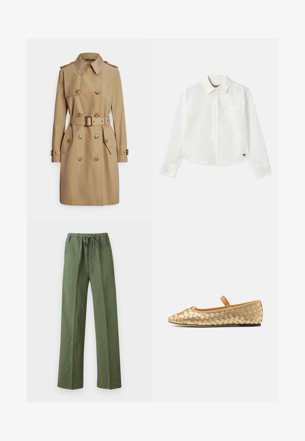 Bež plašč z dvojnim zapenjanjem, z zlatimi gumbi, na ramenih z dodatki, s pasom v pasu in stranskimi žepi. Gladek, trden material.; Bela skrajšana srajca z dolgimi rokavi iz bombaža. Ima sprednje gumbke, žep na prsih in majhen črn logo na spodnjem levem delu.; Zelene, ohlapne hlače iz lahkega materiala, z elastičnim pasom in vrvico ter stranskimi žepi.; Loeffler Randall LEONIE SOFT BALLET FLAT - Balerinke s paščkom - gold