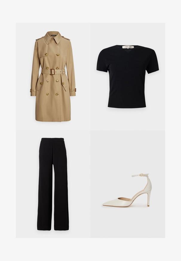 Beżowy trencz z dwurzędowym zapięciem na guziki w kolorze złota, pagonami, paskiem w talii i bocznymi kieszeniami. Gładka, wytrzymała tkanina.; Czarny t-shirt z krótkim rękawem w kształcie litery V, wykonany z gładkiego, elastycznego materiału. Posiada prostą, klasyczną sylwetkę bez zdobień.; Czarne spodnie o szerokich nogawkach z elastycznym paskiem, wykonane z gładkiego materiału, wyeksponowane na jednolitym jasnym tle.; Białe skórzane szpilki z ostrym noskiem, paskiem wokół kostki i cienką szpilkową obcasem. Gładka faktura z subtelnym połyskiem.
