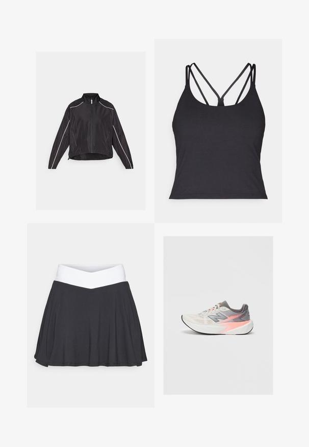 Fekete, könnyű dzseki elülső cipzárral, magas gallérral és fehér fényvisszaverő csíkokkal a vállakon és az oldalakon. Két cipzáros zseb.; Fekete ujjatlan felső vékony pántokkal, hátul keresztbe fonott dizájnnal. Puha, rugalmas anyagból készült, formás szabású.; Fekete szoknya nadrág fehér, keresztbe fűzött derékrésszel. Puha, rugalmas anyagból készült, bővebb fazonnal és sima felülettel rendelkezik.; Világosszürke és rózsaszín New Balance futócipő vastag fehér talppal és fekete talppal, oldalnézet tiszta háttéren.