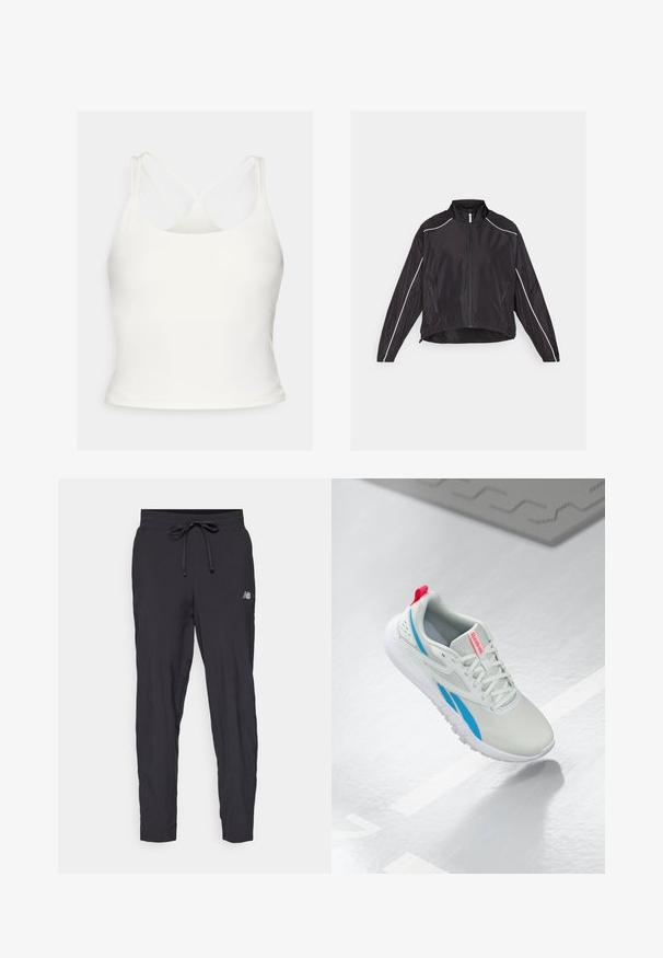 Veste légère noire avec une fermeture éclair à l'avant, un col haut et des bandes réfléchissantes blanches le long des épaules et des côtés. Deux poches zippées.; Fabletics PRINCIPAL BUILT IN BRA TANK - Débardeur - bone; Pantalons de jogging noirs en matériau léger avec une taille élastique et un cordon de serrage ajustable. Présente un petit logo sur le côté.; Baskets Reebok blanches et bleues avec une languette rouge flottant au-dessus d'un sol brillant, avec un tapis en caoutchouc gris à proximité.