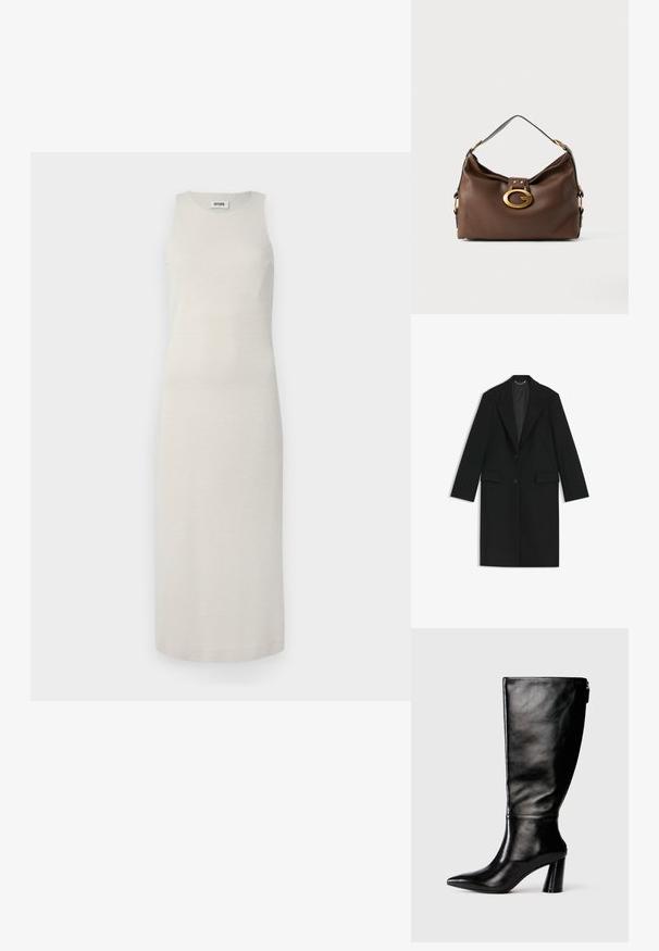 Svart lång kappa i slätt tyg med skräddarsydd passform, notched slag, två framfickor och en knappslutning.; Ärmlös midiklänning i ljusbeige, tillverkad av ett texturerat tyg med en subtil glans. Rakt snitt, knälång utan synliga knäppningar.; Knä-höga svarta läderstövlar med spetsig tå, slät yta och kraftig klack. Har en dragkedjedetalj på baksidan.; Brun läderhandväska med en texturerad yta, utrustad med en guldfärgad spänne och en enkel, böjd axelrem.