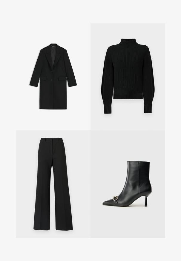 Czarny długi płaszcz uszyty z gładkiego materiału, o dopasowanym kroju, z klapami, dwiema przednimi kieszeniami i zapięciem na jeden guzik.; Czarny sweter z dzianiny z wysokim kołnierzem, prążkowaną strukturą i rękawami raglanowymi. Długość ciała jest lekko skrócona, a dół wykończony jest grubym prążkowanym ściągaczem.; Czarne spodnie szerokie o dopasowanym kroju, z gładką teksturą i subtelnymi fałdami z przodu. Brak widocznych elementów metalowych lub wzorów.; Czarny skórzany botek za kostkę z szpiczastym noskiem, smukłym średnim obcasem i srebrnym zapięciem po boku na jednolitym tle.